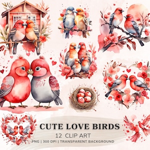 Aquarell Liebe Vogel Clipart Bundle, Valentinstag Clipart, Vintage rote Liebe Vögel Png, digitale Aufkleber, Frühling Clipart Digital Download