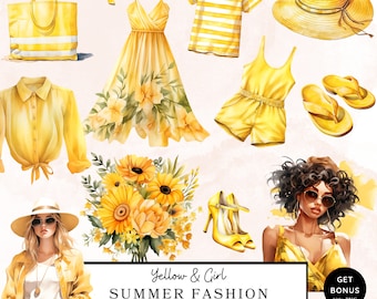 Clipart de verão em aquarela, clipart de moda de verão amarelo, clipart de férias, menina de verão png, ilustrações de moda, clipart de roupas de verão