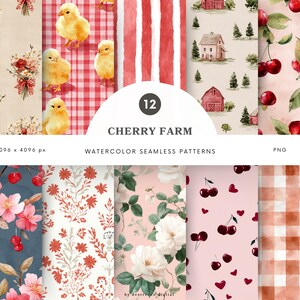 May include: A collection of 12 watercolor seamless patterns. Designs include chicks on gingham, cherry branches, floral arrangements, and cherry and heart motifs. The patterns feature a variety of colors, including red, pink, and white. The text "Cherry Farm" is displayed.