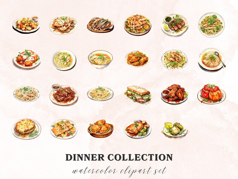 Puede incluir: Un conjunto de clipart de acuarela de 18 platos de cena diferentes. El conjunto incluye una variedad de cocinas, incluyendo pasta, pollo, s&aacute;ndwiches y mucho m&aacute;s. Las ilustraciones son realistas y detalladas, y ser&iacute;an perfectas para usar en libros de cocina, men&uacute;s u otros proyectos relacionados con la comida.