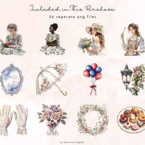 May include: A set of 36 watercolor illustrations featuring various elements, including a woman reading a book, a woman with a bouquet of flowers, a woman painting, a mirror, an umbrella, balloons, a street lamp, a wreath, a bouquet of flowers, and a plate of pastries. The illustrations are in a vintage style and are perfect for adding a touch of whimsy to your projects.