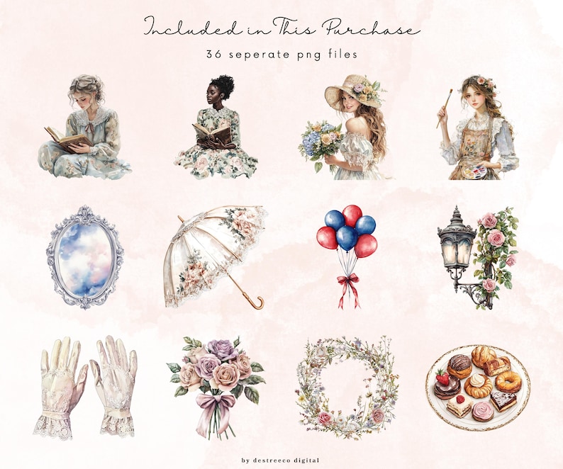 May include: A set of 36 watercolor illustrations featuring various elements, including a woman reading a book, a woman with a bouquet of flowers, a woman painting, a mirror, an umbrella, balloons, a street lamp, a wreath, a bouquet of flowers, and a plate of pastries. The illustrations are in a vintage style and are perfect for adding a touch of whimsy to your projects.