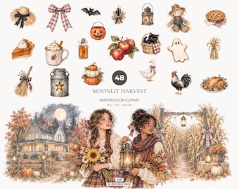 Pacchetto di clipart autunnali ad acquerello, Halloween Harvest PNG, clipart autunnali in stile cottagecore - 638