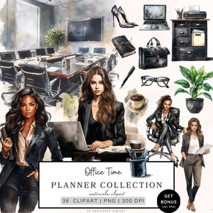Watercolor Planner Girl Clipart, Office Time Planning Clipart, Planner Lover Clipart, Journal Aesthetic Png, Boss Girl, Cozy Planner Clipart