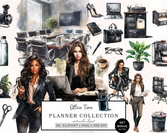 Watercolor Planner Girl Clipart, Office Time Planning Clipart, Planner Lover Clipart, Journal Aesthetic Png, Boss Girl, Cozy Planner Clipart