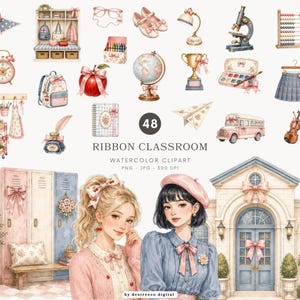 Könnte beinhalten: Eine Sammlung von 48 Aquarell-Clipart-Elementen mit schulbezogenen Objekten wie Globus, Mikroskop, Abakus, Rucksack, Spinden, Schulbus, Geige und zwei Figuren, die alle mit rosa Schleifen und sanften Pastellfarben verziert sind.