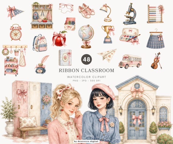 Watercolor Back to School Clipart, Feminine Coquette School PNG, Planner Graphics | Ribbon Classroom - 605