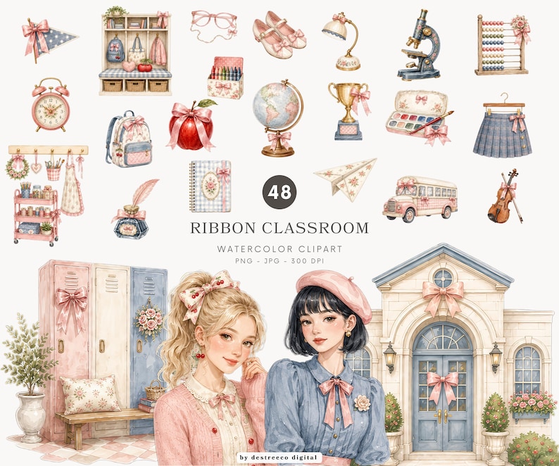 May include: A collection of 48 watercolor clipart elements featuring school-themed items like a globe, microscope, abacus, backpack, lockers, school bus, violin, and two characters, all decorated with pink ribbons and soft pastel color palettes.
