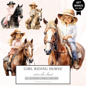 Aquarell Mädchen auf Pferd Clipart, kleines Mädchen auf Pferd Png, süßes Mädchen Clipart, Pferd Clipart, Mischtechnik, digitale Aufkleber