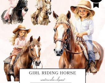 Watercolor Girl Riding Horse Clipart, Little Girl Riding Horse Png, Cute Girl Clipart, Horse Clipart, Mixed Media, Digital Stickers