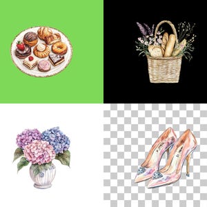May include: A plate of assorted pastries, including donuts, croissants, and cream puffs, with a green background.