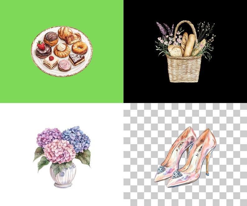 May include: A plate of assorted pastries, including donuts, croissants, and cream puffs, with a green background.