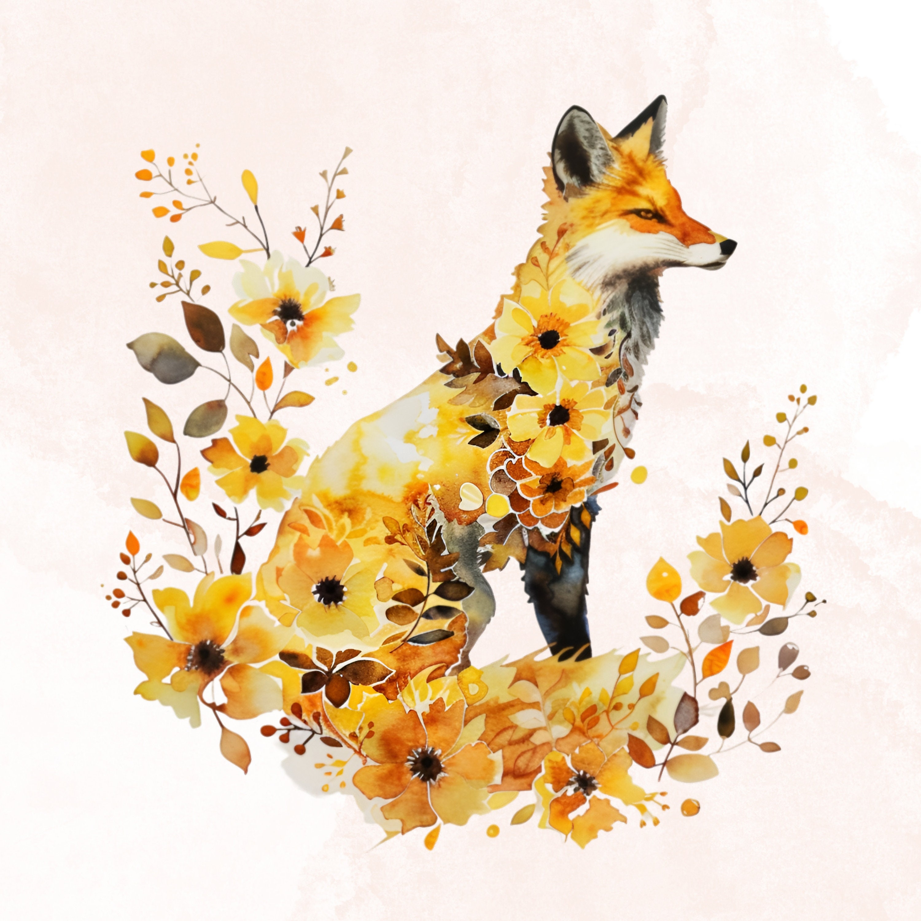 Floral Fox Clipart, Watercolor Fox With Flowers, Woodland Animals ...