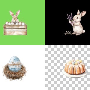 May include: A watercolor illustration of Easter-themed items. A brown bunny rabbit sits in a wooden crate filled with speckled eggs. A blue egg with a lace ribbon sits in a brown bird's nest. A white cake with pastel-colored eggs on top sits on a white plate.