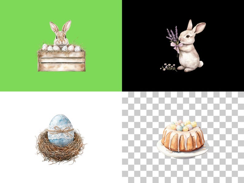 May include: A watercolor illustration of Easter-themed items. A brown bunny rabbit sits in a wooden crate filled with speckled eggs. A blue egg with a lace ribbon sits in a brown bird's nest. A white cake with pastel-colored eggs on top sits on a white plate.