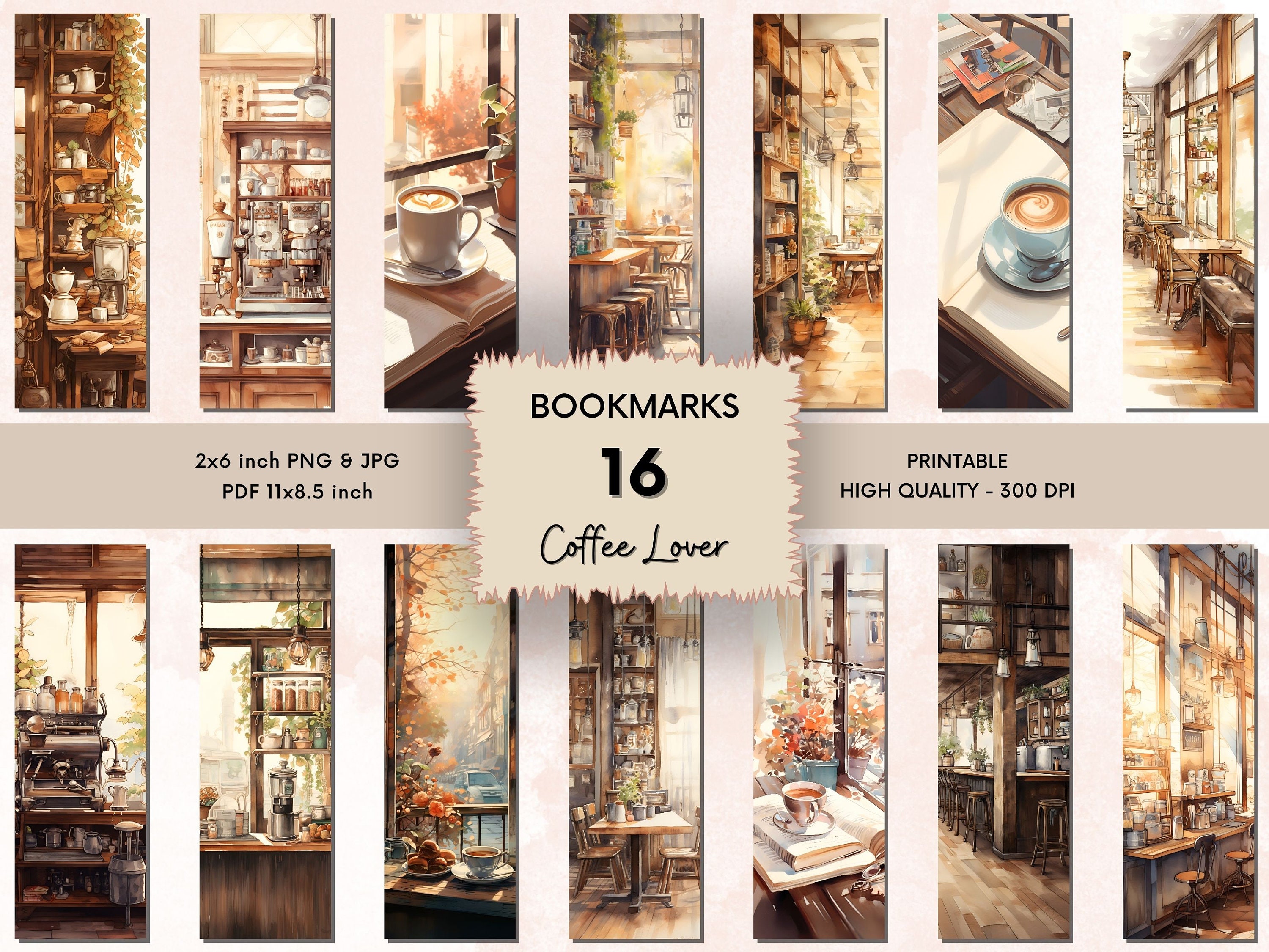 16 Printable Coffee Bookmarks, Watercolor Bookmark Designs, Book Lover Desings PNG Bookmark Sublimation, Printable Coffee Lover Bookmarks
