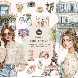 Aquarelle vintage Paris Dreams Clipart, romantique parisien Png, graphisme esthétique Français Cottagecore, téléchargement numérique, usage Commercial