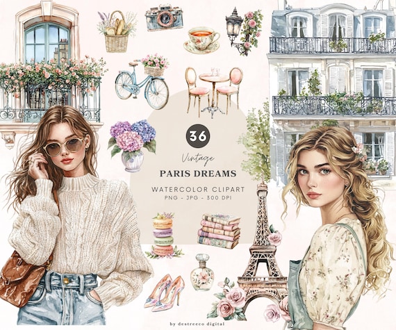 Watercolor Vintage Paris Dreams Clipart, Romantic Parisian Png, French Cottagecore Aesthetics Graphics, Digital Download, Commercial Use