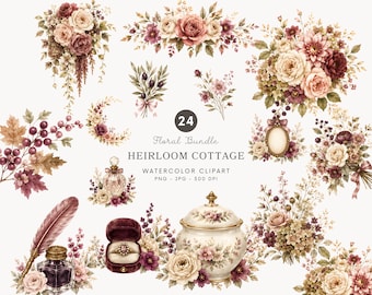 Aquarell Erbstück Cottage Blumen Clipart, Vintage Rosenstrauß PNG, viktorianische botanische Grafik, Grandmillennial Blumen - 581