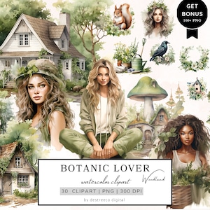 Clipart de amante botânico em aquarela, clipart de floresta, clipart botânico, clipart de floresta, clipart de menina png, clipart cottagecore, mídia mista