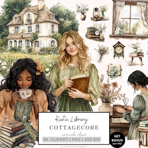 Cottagecore Clipart, clipart bibliothèque rustique, graphisme cottage confortable, fleurs sauvages des cliparts, esthétique Pngs, rat de bibliothèque Png, téléchargement numérique