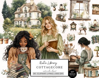 Cottagecore Clipart, Rustic Library Clipart, Cozy Cottage Graphics, Wildflowers Clipart, Aesthetic Pngs, Bookworm Png, Digital Download