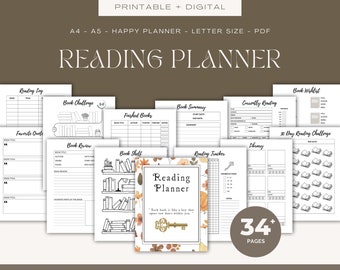 Reading Planner Printable | Book Journal | Reading Tracker | Book Review | Bookshelf | Key Book Planner | 34 Pages | Pdf