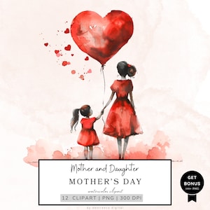 Clipart fête des mères, mère et fille des cliparts, graphiques floraux pour la fête des mamans, clipart aquarelle imprimable, usage commercial, téléchargement numérique
