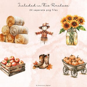 May include: Watercolor illustration featuring a stack of hay bales, a scarecrow, sunflowers in a mason jar, a crate of apples, cowboy boots, and a wagon filled with pumpkins. The text "Included in This Purchase" is at the top.