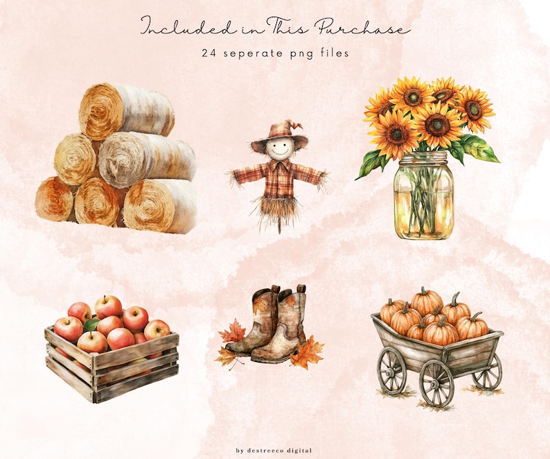 May include: Watercolor illustration featuring a stack of hay bales, a scarecrow, sunflowers in a mason jar, a crate of apples, cowboy boots, and a wagon filled with pumpkins. The text "Included in This Purchase" is at the top.