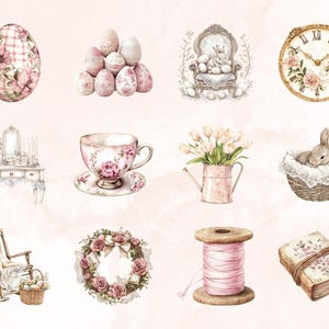 May include: A collection of vintage-inspired Easter illustrations featuring a floral patterned egg, a stack of pastel eggs, a bunny in a chair, a clock with floral accents, a teacup and saucer, a watering can with tulips, a bunny in a basket, a rocking chair with a basket of eggs, a floral wreath, a spool of pink thread, and a vintage book with floral accents.