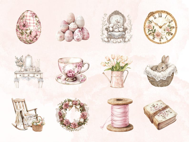 May include: A collection of vintage-inspired Easter illustrations featuring a floral patterned egg, a stack of pastel eggs, a bunny in a chair, a clock with floral accents, a teacup and saucer, a watering can with tulips, a bunny in a basket, a rocking chair with a basket of eggs, a floral wreath, a spool of pink thread, and a vintage book with floral accents.