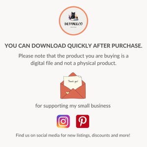 K&ouml;nnte beinhalten: Ank&uuml;ndigung einer digitalen Datei mit dem Text "YOU CAN DOWNLOAD QUICKLY AFTER PURCHASE." Das Bild enth&auml;lt ein Logo, einen Umschlag mit einer "Thank you!" Notiz und Social-Media-Icons f&uuml;r Instagram und Pinterest.