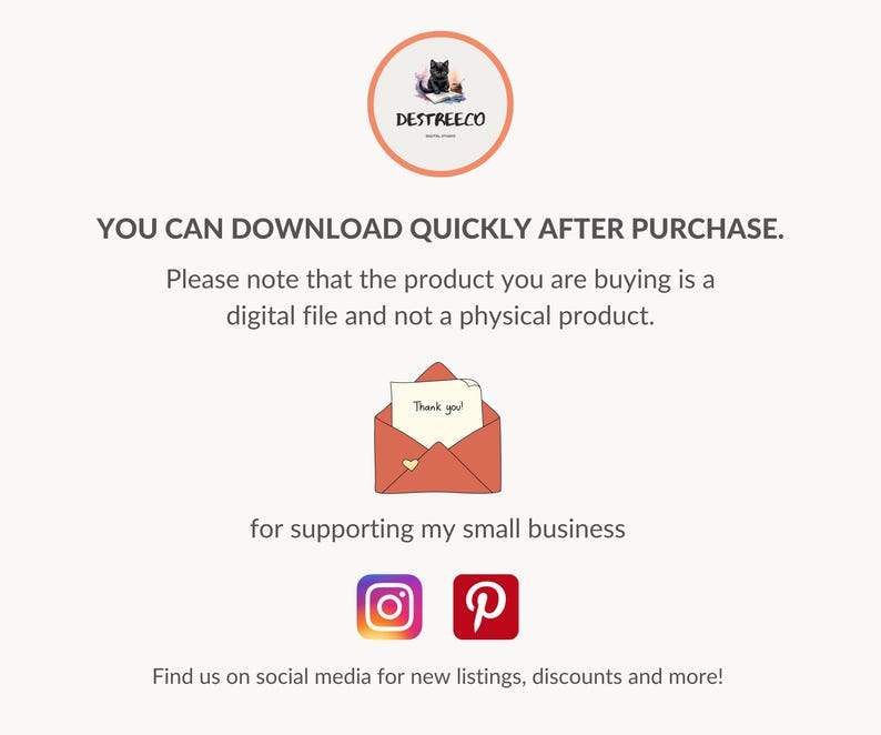 K&ouml;nnte beinhalten: Ank&uuml;ndigung einer digitalen Datei mit dem Text "YOU CAN DOWNLOAD QUICKLY AFTER PURCHASE." Das Bild enth&auml;lt ein Logo, einen Umschlag mit einer "Thank you!" Notiz und Social-Media-Icons f&uuml;r Instagram und Pinterest.