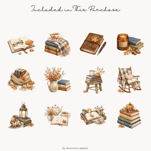 K&ouml;nnte beinhalten: Aquarellillustrationen mit herbstlichen Motiven, darunter B&uuml;cher, ein Schal, ein Schaukelstuhl, eine Kerze und ein K&uuml;rbis. Der Text "Included in This Purchase" ist oben zu sehen. Die Illustrationen sind in warmen, erdigen Farbt&ouml;nen gehalten.