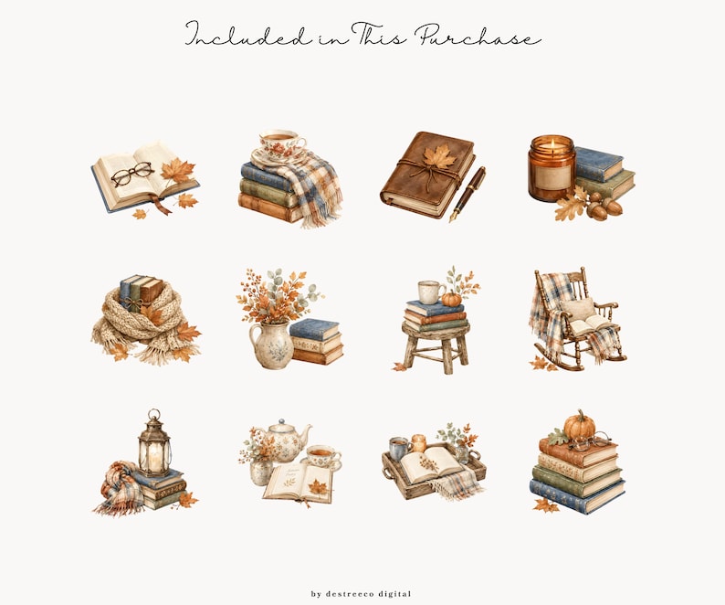 K&ouml;nnte beinhalten: Aquarellillustrationen mit herbstlichen Motiven, darunter B&uuml;cher, ein Schal, ein Schaukelstuhl, eine Kerze und ein K&uuml;rbis. Der Text "Included in This Purchase" ist oben zu sehen. Die Illustrationen sind in warmen, erdigen Farbt&ouml;nen gehalten.