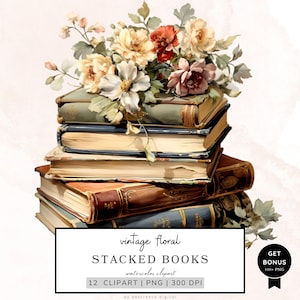Vintage Floral Stacked Books Clipart, Books Clipart Bundle, Reading Clipart, Book Lover Png, Printable Watercolor Clipart, Digital Download