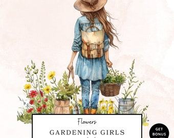 Gardening Girl Clipart, Gardening Clipart, Spring Clipart, Garden Clipart, Summer Clipart, Printable Watercolor Clipart, Digital Download