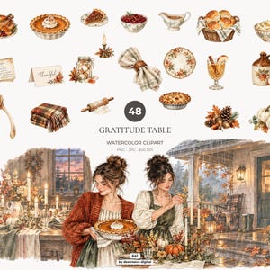 May include: A collection of 48 watercolor clipart elements featuring Thanksgiving-themed items like a roasted turkey, pies, a basket of rolls, a recipe card, a wishbone, pumpkins, and two scenes of people preparing a festive meal in a home.