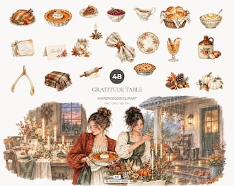 Pacchetto di clipart per il Giorno del Ringraziamento, PNG ad acquerello per il Friendsgiving, tavola autunnale, grafica autunnale, uso commerciale - 641