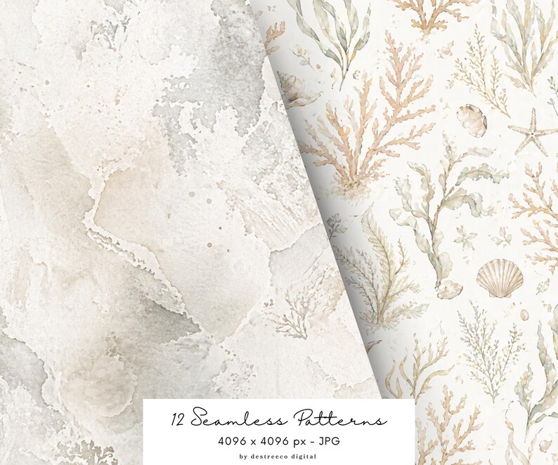 Neutral Ocean Seamless Patterns, Watercolor Coastal Digital Paper ...