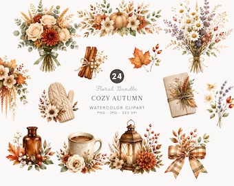 Aquarell Gemütlicher Herbst Blumen Clipart, Herbststrauß PNG, Cottagecore Botanische Grafik, Kürbisblume Clip Art - 572