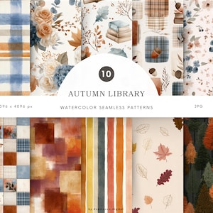 May include: A collection of ten watercolor seamless patterns with an autumn theme. The patterns feature plaid, floral, and leaf designs in shades of blue, orange, brown, and beige. The text "AUTUMN LIBRARY" is displayed in the center.