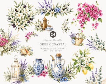 Aquarell griechische Küsten Blumen Clipart, Santorini Blumen PNG, Olivenzweig Bougainvillea, mediterrane botanische Grafik - 577