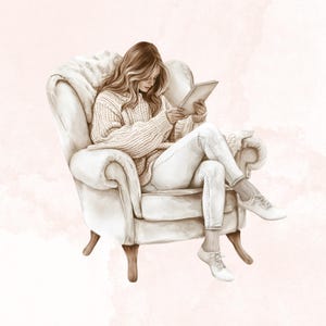 May include: A woman sits in a white armchair and uses a tablet computer. She is wearing a cream-colored sweater and jeans.