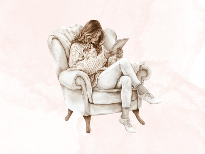 May include: A woman sits in a white armchair and uses a tablet computer. She is wearing a cream-colored sweater and jeans.