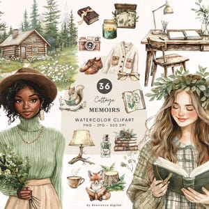 Clipart de memórias de chalé em aquarela, clipart de cottagecore, clipart de diário rústico, estética da floresta em PNG, planejador de amor, download digital