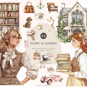Op de afbeelding: Watercolor clipart set "Ivory Academia" met illustraties van vrouwen, boeken, een bibliotheek, een huis, een hond, een camera en andere accessoires. Het kleurenpalet bevat beige, bruine en roze tinten.