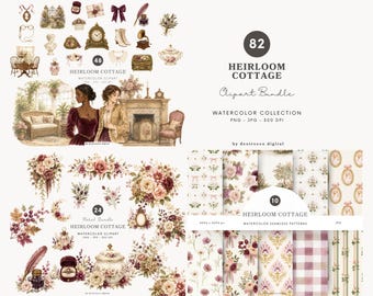 Aquarell Erbstück Cottage Clipart Sammlung, viktorianische Blumen PNG, Grandmillennial Dekor, nahtlose Muster, digitaler Download