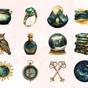 May include: A collection of 10 watercolor illustrations featuring a variety of magical and mystical objects, including a cauldron, a ring, a mountain scene, a bottle, a snow globe, a stack of books, a sun, a compass, a pair of keys, and a constellation.